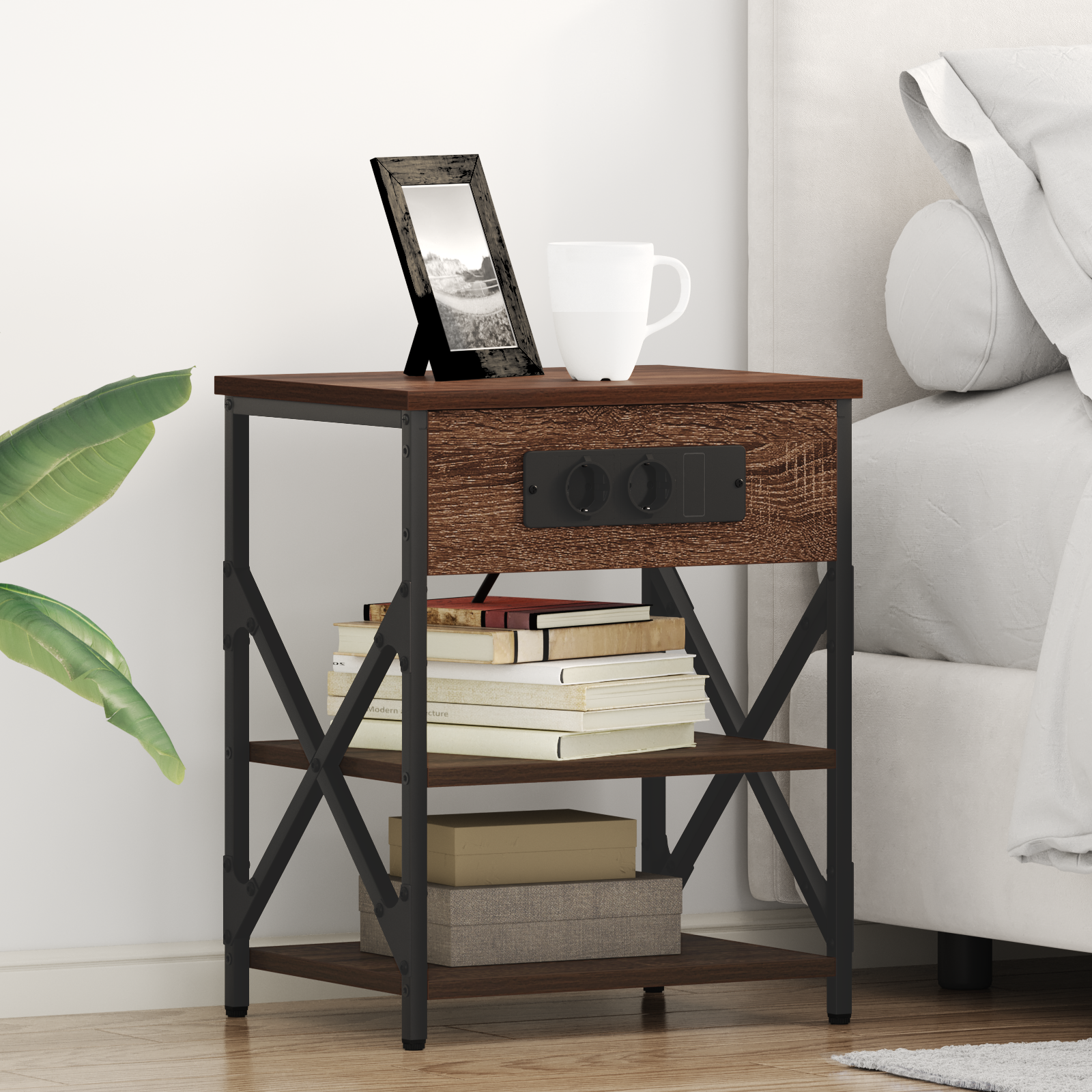 vidaXL Table de nuit avec station de chargement 2 pcs Chêne marron