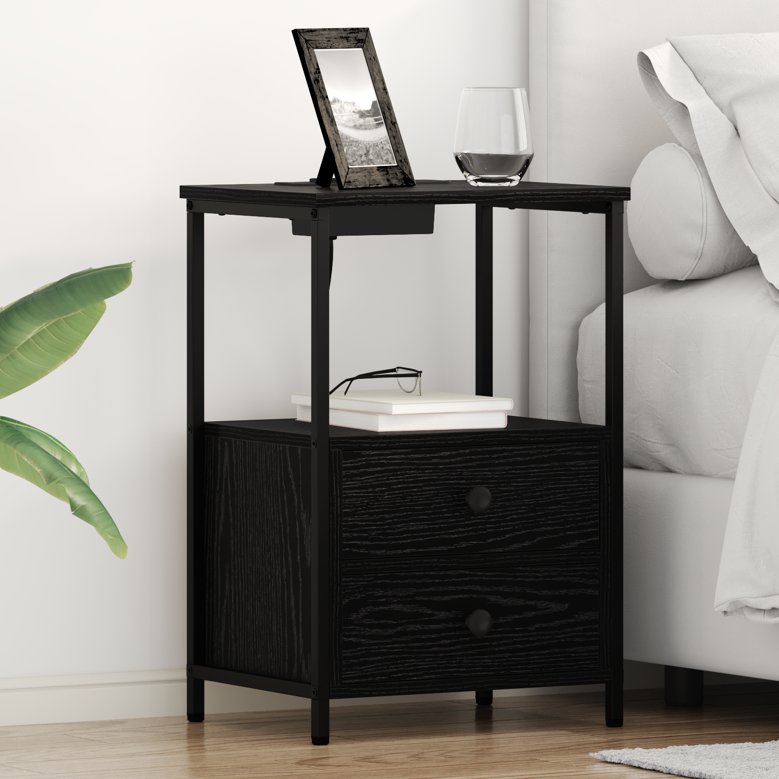 vidaXL Table de nuit avec station de chargement 2 pcs Chêne noir