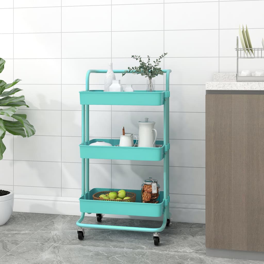 Carrello Da Cucina 3 Ripiani Turchese 42x35x85 Cm Ferro E Abs