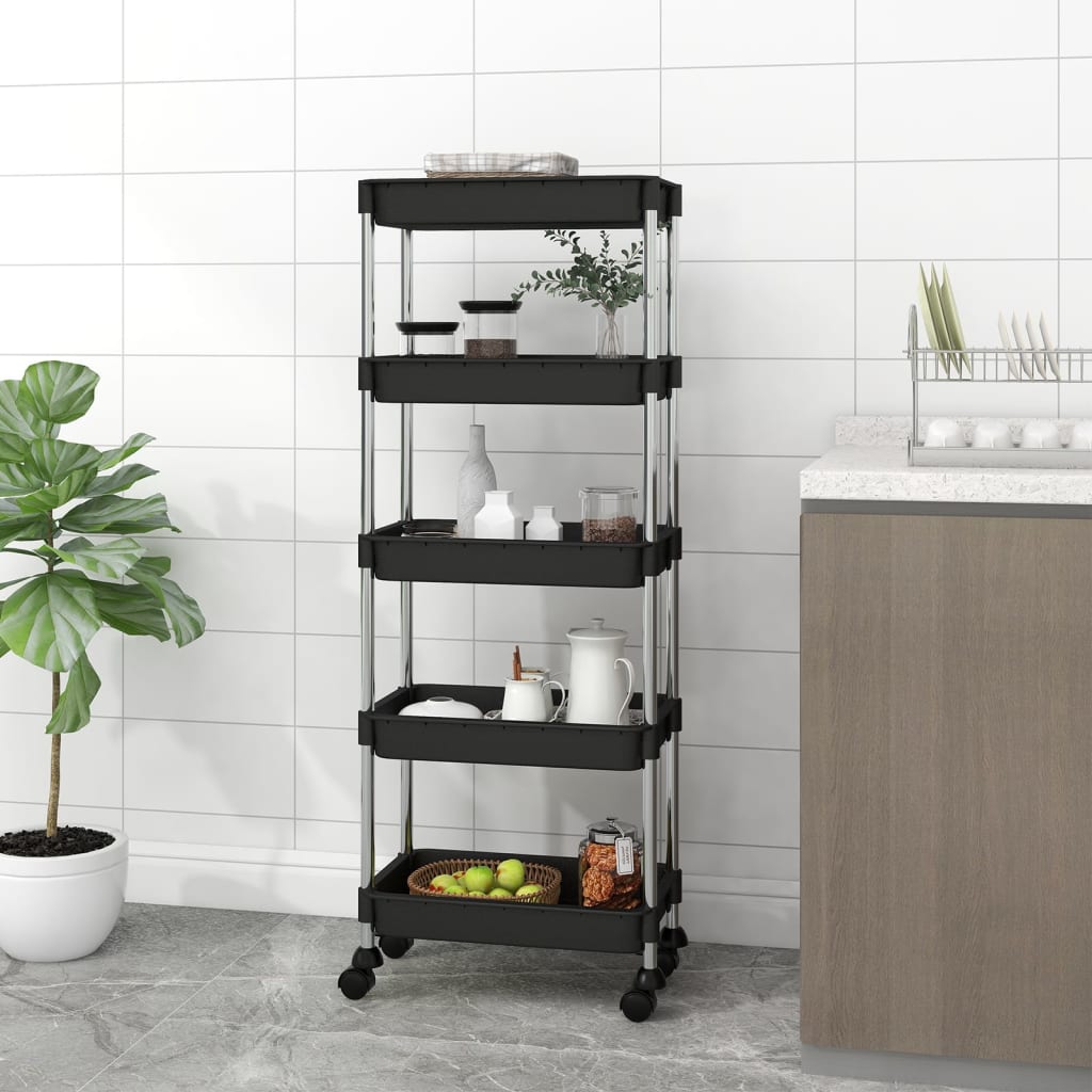 Carrello Da Cucina 5 Ripiani Nero 42x29x128 Cm Ferro E Abs