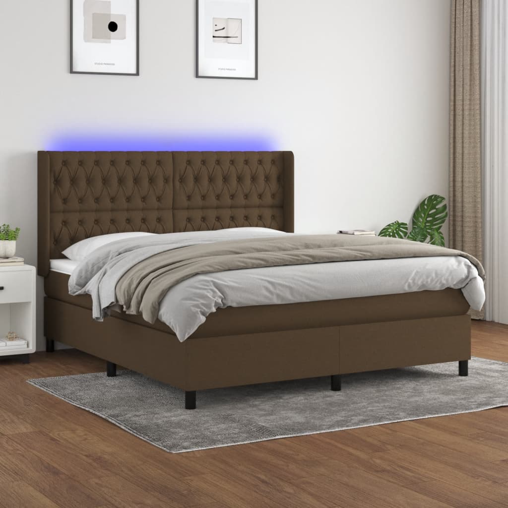Letto A Molle Materasso E Led Marrone Scuro 160x200 Cm Tessuto