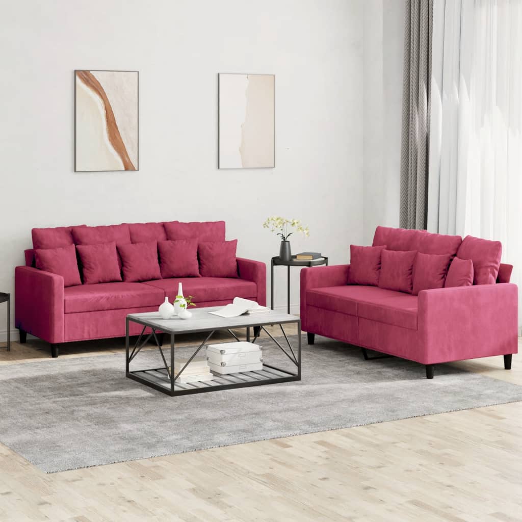 Set Di Divani 2 Pz Con Cuscini Rosso Vino In Velluto