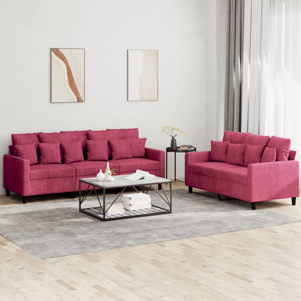 Set Di Divani 2 Pz Con Cuscini Rosso Vino In Velluto