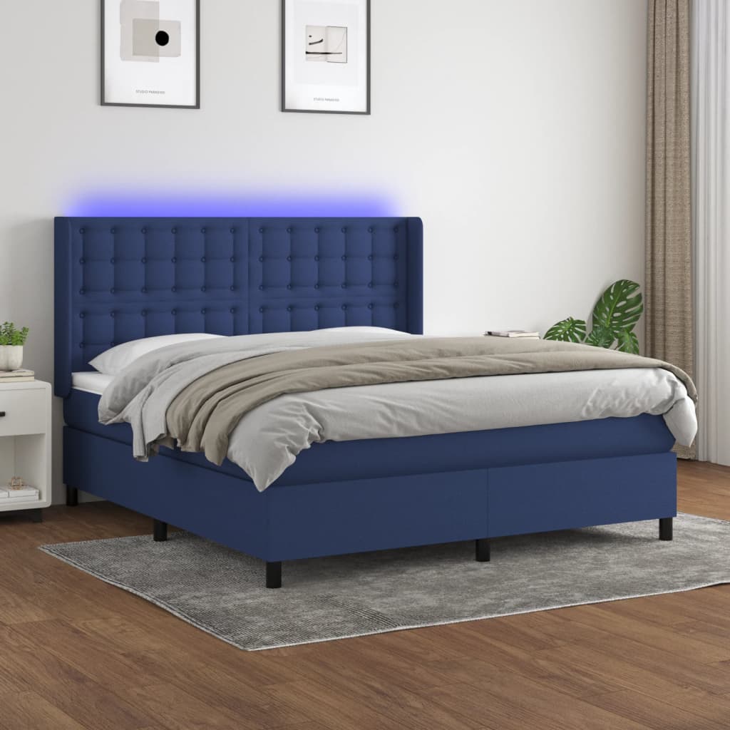 vidaXL Cama box spring colchón y luces LED tela azul 160x200 cm