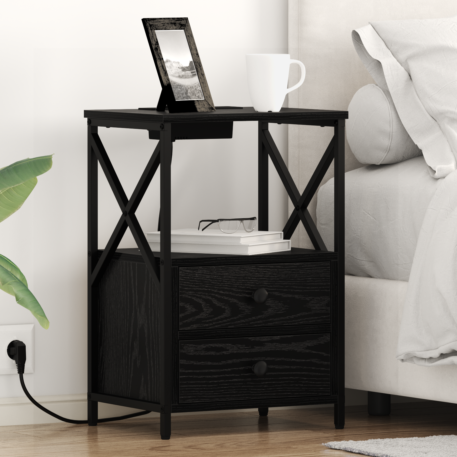 vidaXL Table de nuit avec station de chargement 2 pcs Chêne noir