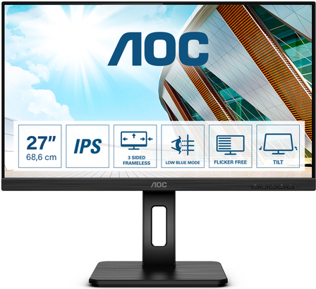 Aoc 27p2q - LeD-Monitor - 68.6 Cm (27") - 1920 X 1080 Full Hd (1080p) - Ips - 250 Cd/m² - 1000:1 - 4 Ms - Hdmi, Dvi, Displayport, Vga - Lautsprecher