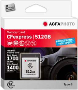 Agfaphoto Cfexpress Professional - 512 Gb - Cfexpress - Nand - 1700 Mb/s - 1400 Mb/s - Kältebeständig - Hitzebeständig - Schockresistent - Röntgensic