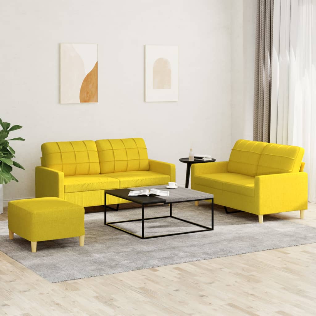 Set Di Divani 3 Pz Con Cuscini Giallo Chiaro In Tessuto