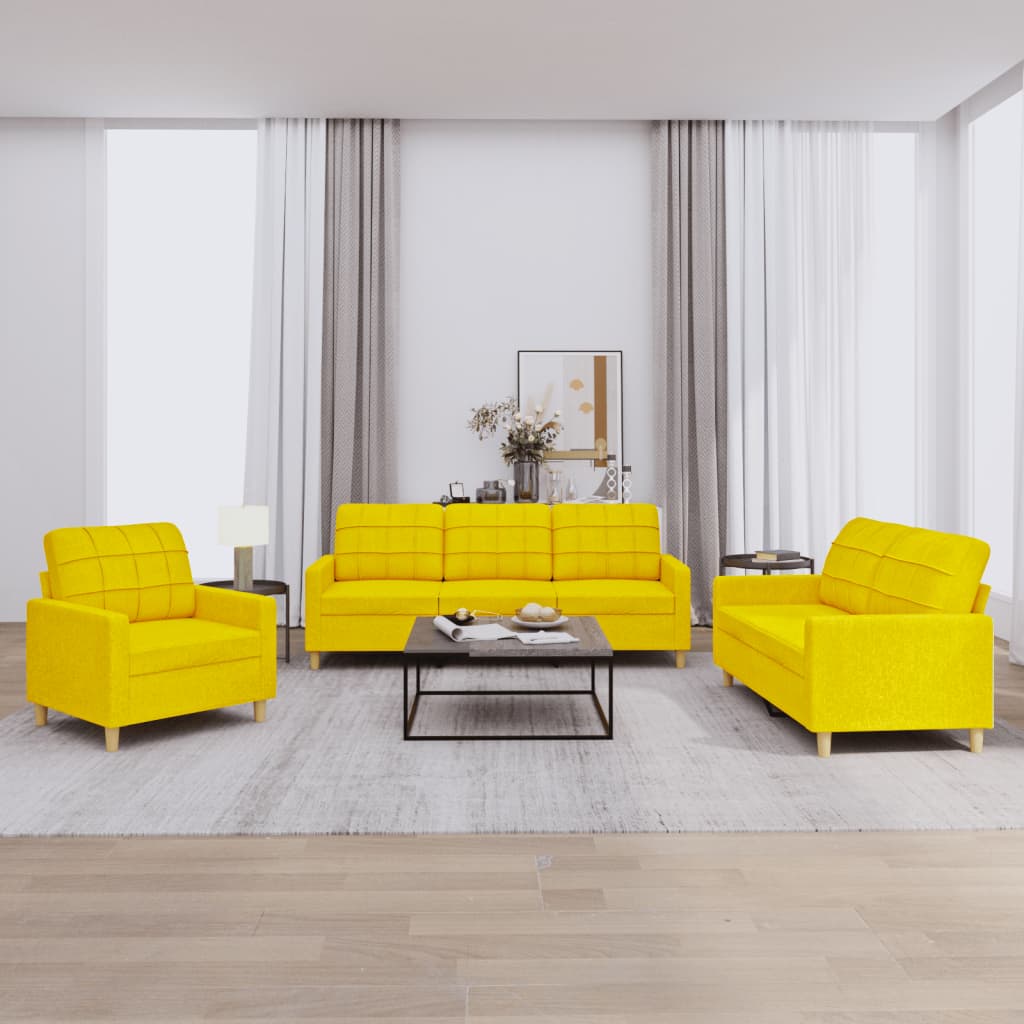 Set Di Divani 3 Pz Con Cuscini Giallo Chiaro In Tessuto