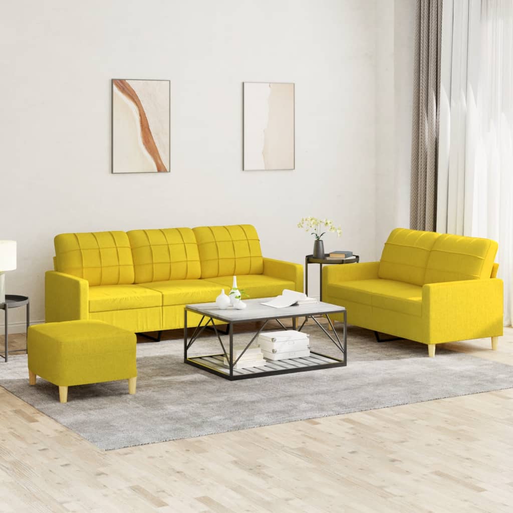 Set Di Divani 3 Pz Con Cuscini Giallo Chiaro In Tessuto