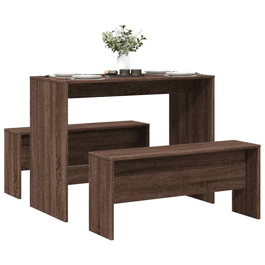 Set Tavolo Da Pranzo E Panche 3 Pz Rovere Marrone In Truciolato