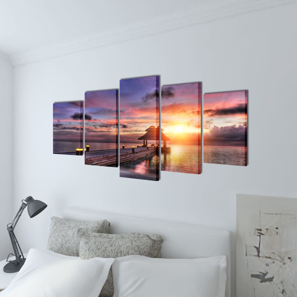 5 Pz Set Stampa Su Tela Da Muro Spiaggia Con Padiglione 100 X 50 cm