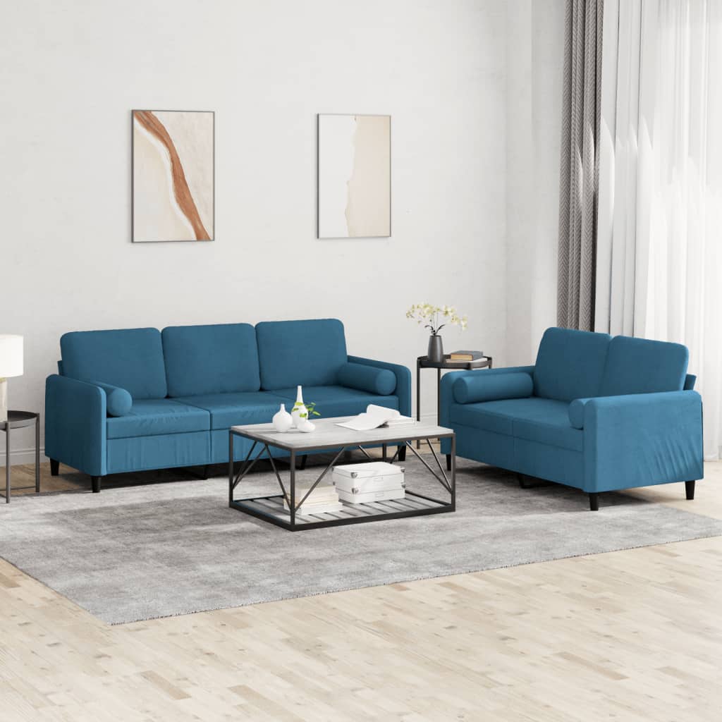 Set Di Divani 2 Pz Con Cuscini Blu In Velluto