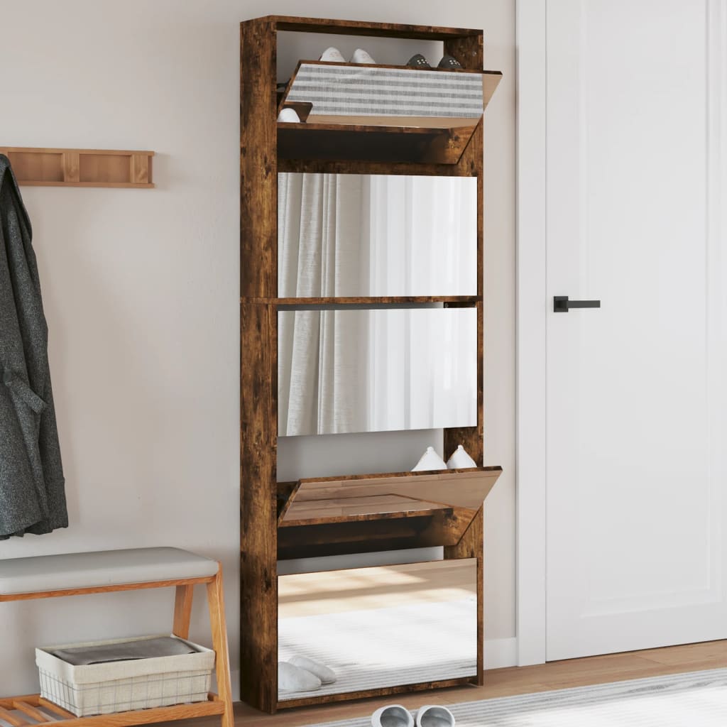 Scarpiera Con Specchio A 5 Livelli Rovere Fumo 63x17x169,5 cm