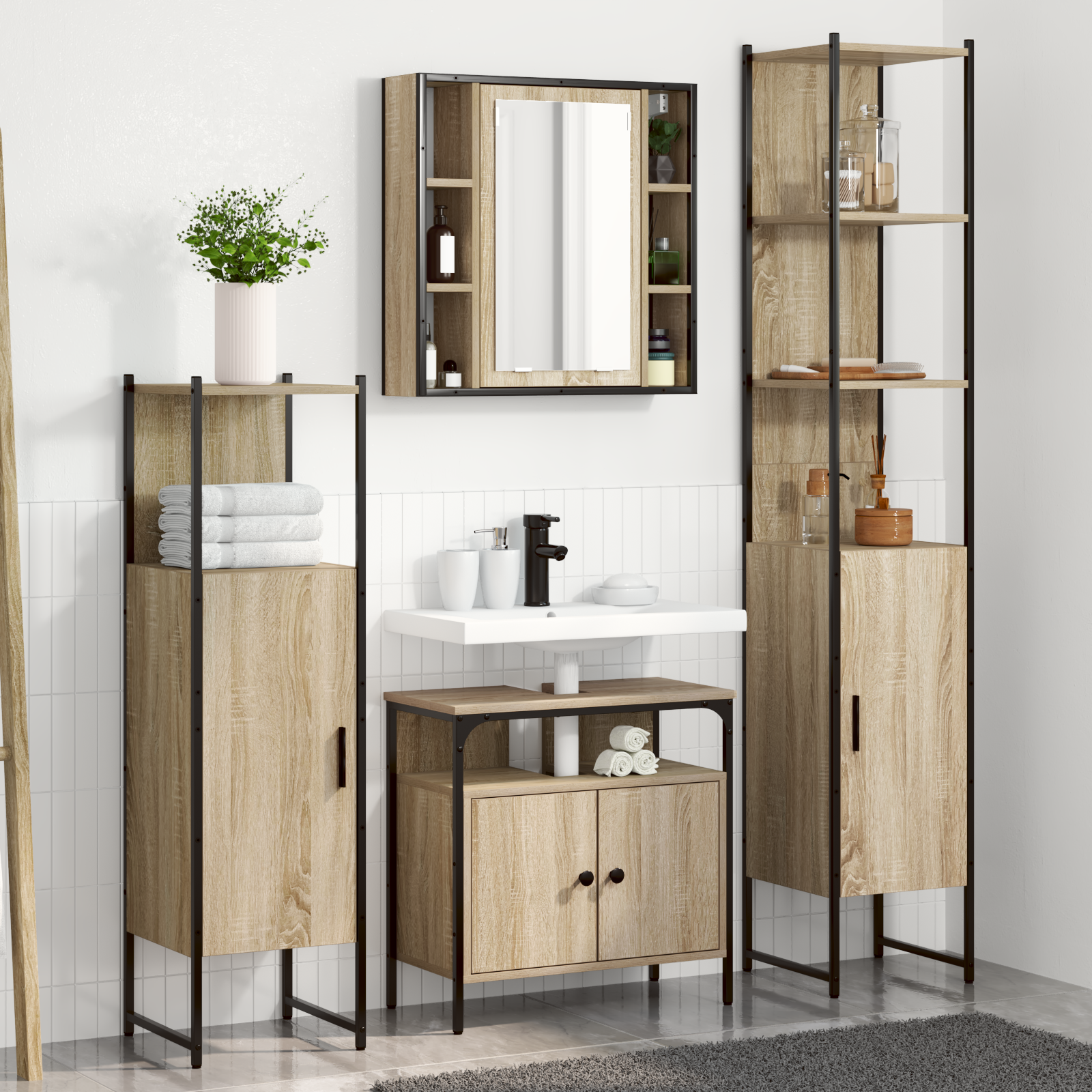 Set Di Mobili Per Il Bagno Con Lo Scaffale 4 Pcs Rovere Sonoma