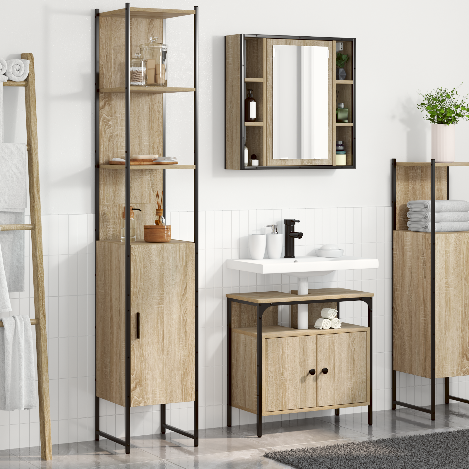 Set Di Mobili Per Il Bagno Con Lo Scaffale 3 Pcs Rovere Sonoma