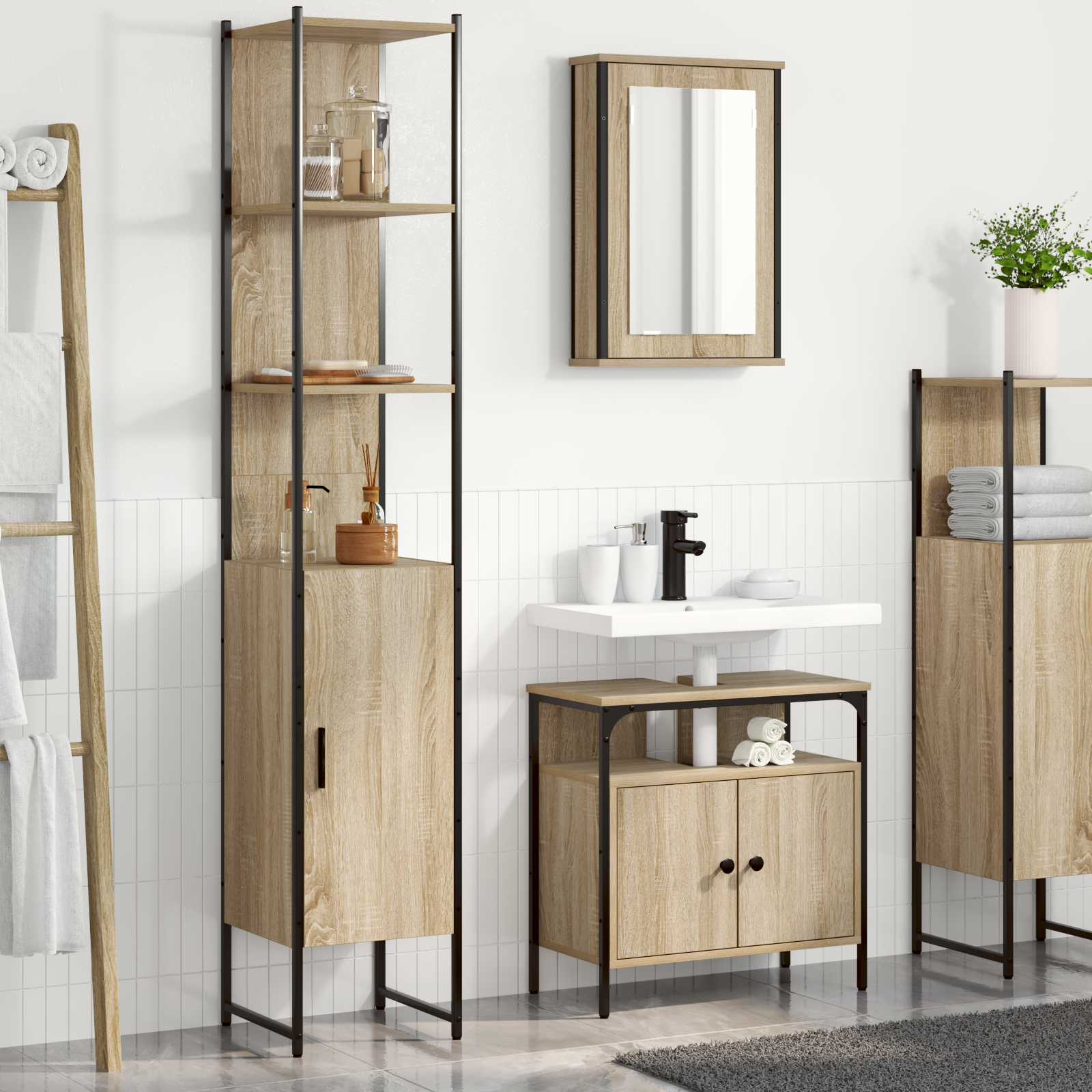 Set Di Mobili Per Il Bagno Con Lo Scaffale 3 Pcs Rovere Sonoma