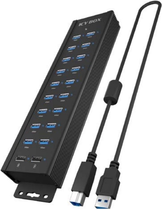 18+2 Port Usb Hub, 18x UsB-A Daten Port, 2x Usb Ladeport, Usb 3.2 Gen 1 @ 5 Gbit/s, Befestigungsbohrung, 96w Netzteil, Schwarz (iB-Hub1720-U3)