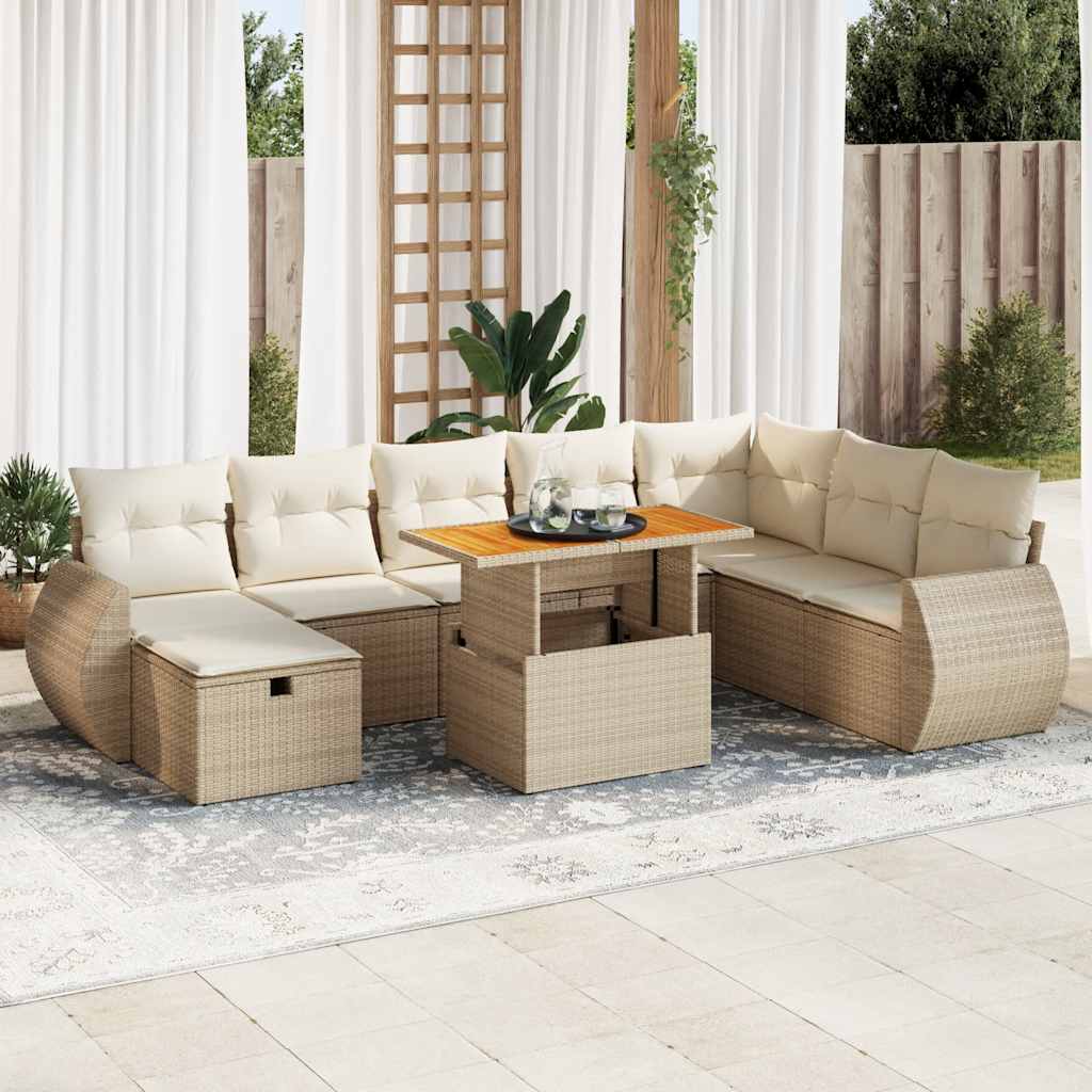 vidaXL Salon de jardin avec coussins 9 pcs beige résine tressée acacia