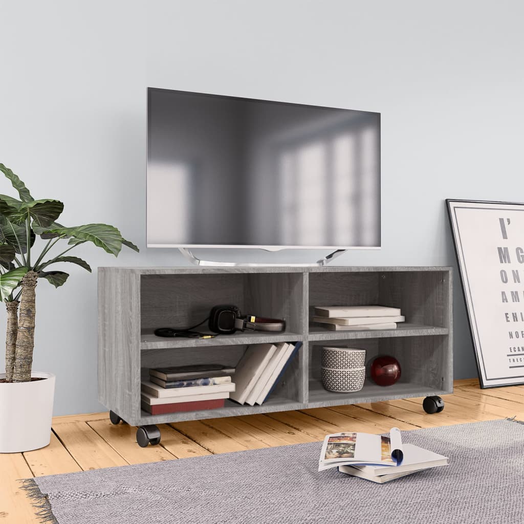 vidaXL Mueble de TV con ruedas madera contrachapada gris 90x35x35 cm