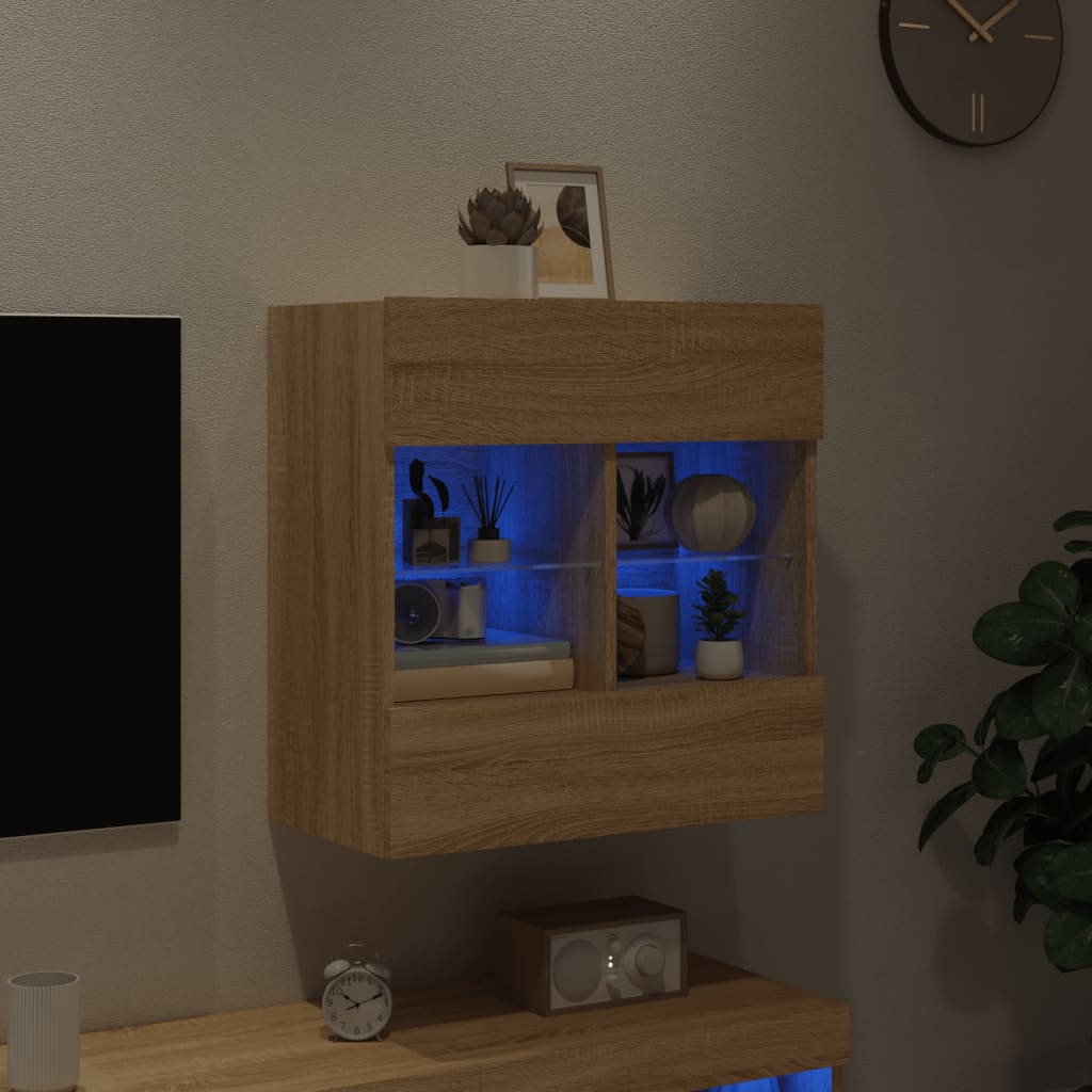 vidaXL Mueble TV de pared con luces LED roble Sonoma 58,5x30x60,5 cm - Image 4