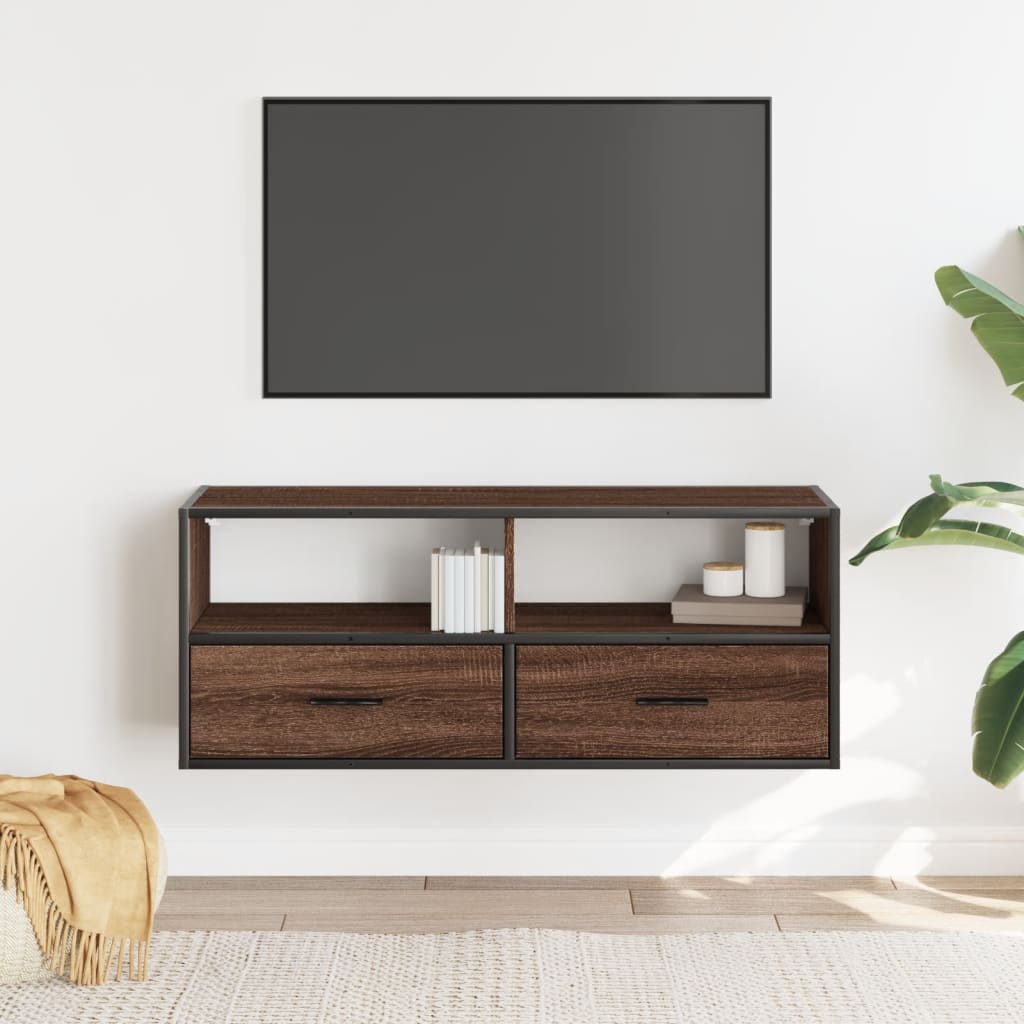 vidaXL Mueble TV madera ingeniería y metal marrón roble 100x31x39,5 cm - Image 3