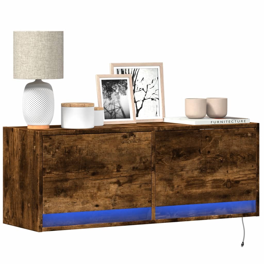 vidaXL Mueble de TV de pared con luces LED roble ahumado 100x31x35 cm