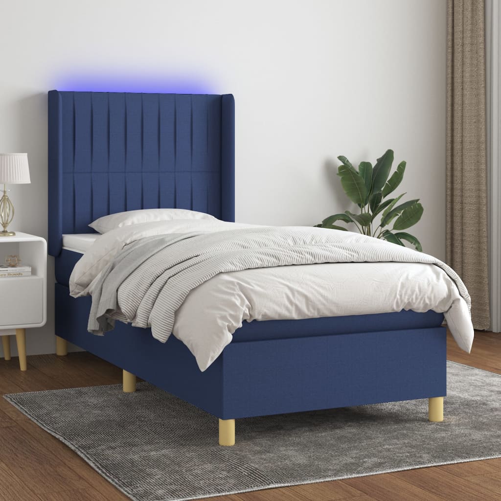 vidaXL Cama box spring colchón y luces LED tela azul 90x200 cm