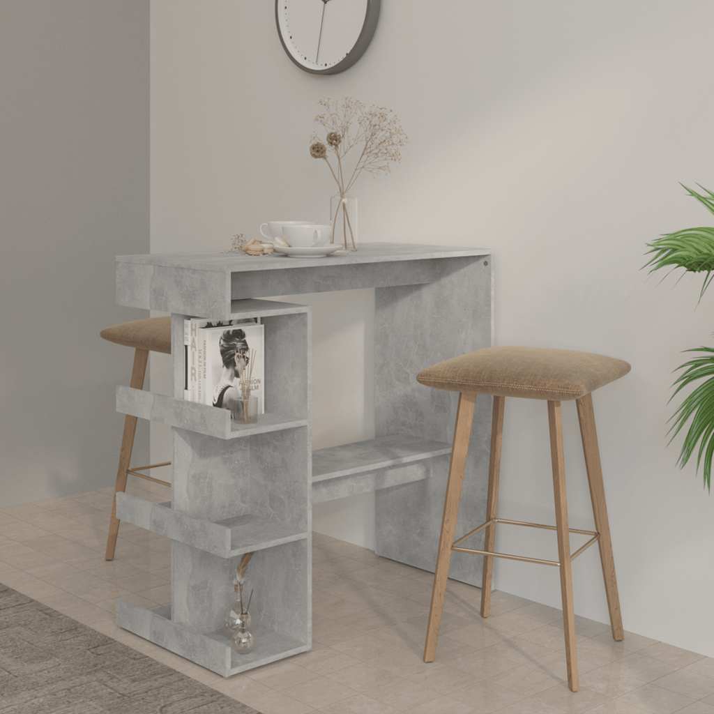 vidaXL Mesa bar almacenaje contrachapada gris hormigón 100x50x101,5 cm