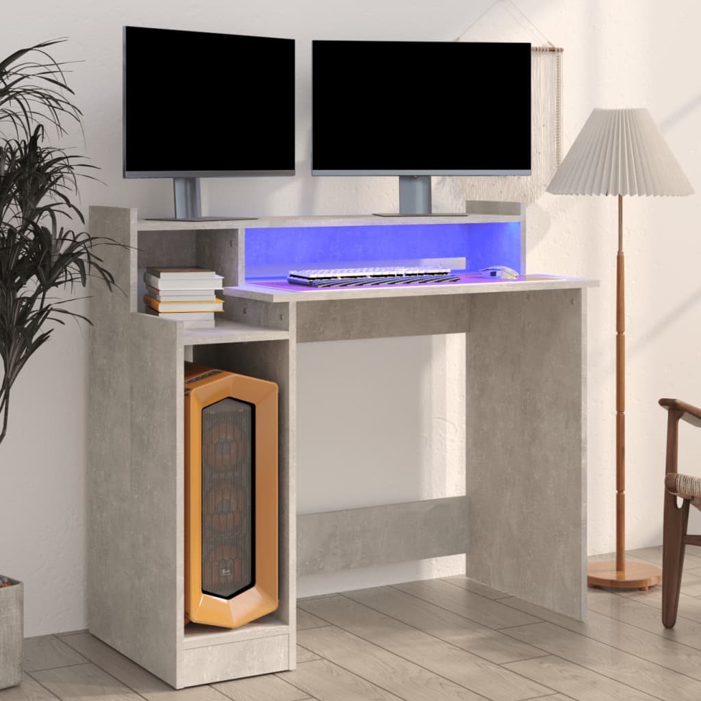 vidaXL Escritorio LED madera contrachapada gris hormigón 97x45x90 cm