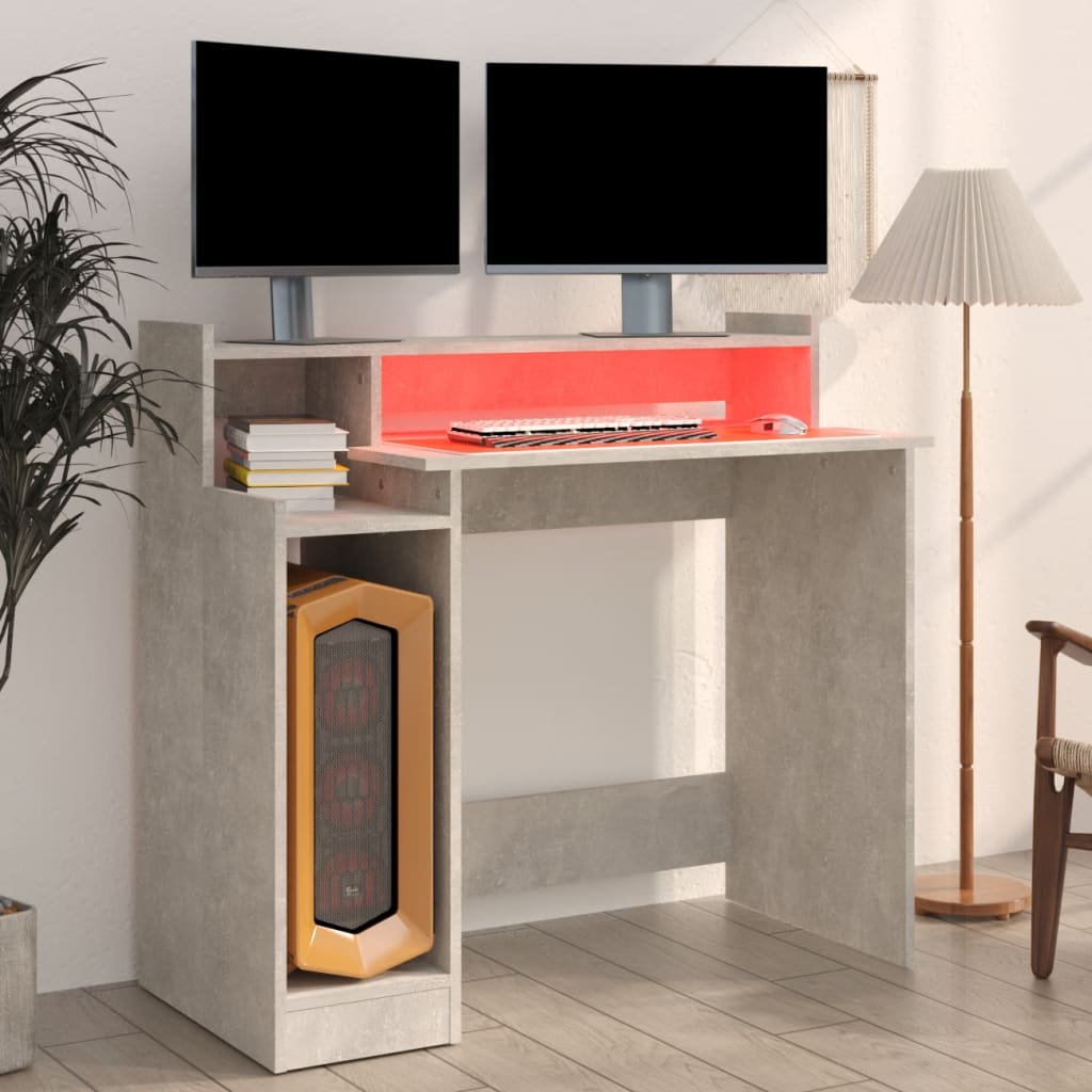 vidaXL Escritorio LED madera contrachapada gris hormigón 97x45x90 cm - Image 4