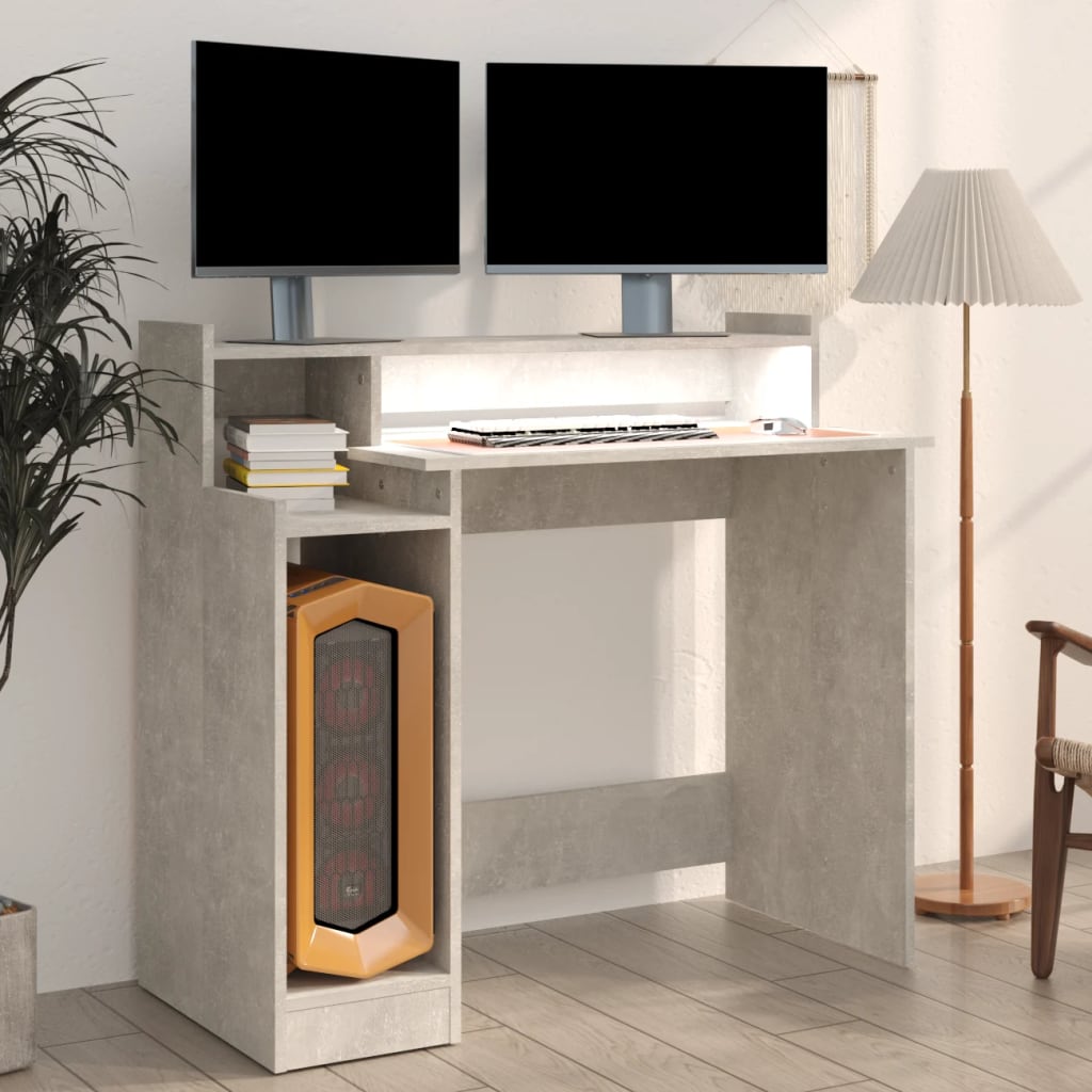vidaXL Escritorio LED madera contrachapada gris hormigón 97x45x90 cm - Image 6