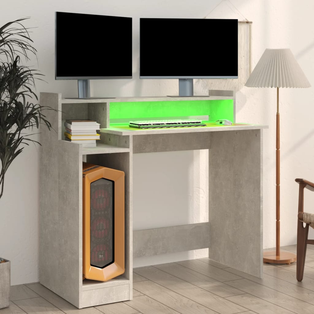 vidaXL Escritorio LED madera contrachapada gris hormigón 97x45x90 cm - Image 5