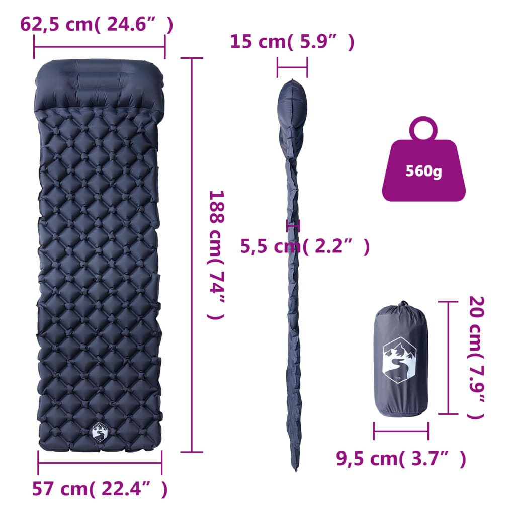 vidaXL Colchón de camping inflable con almohada 1 persona gris - Image 6