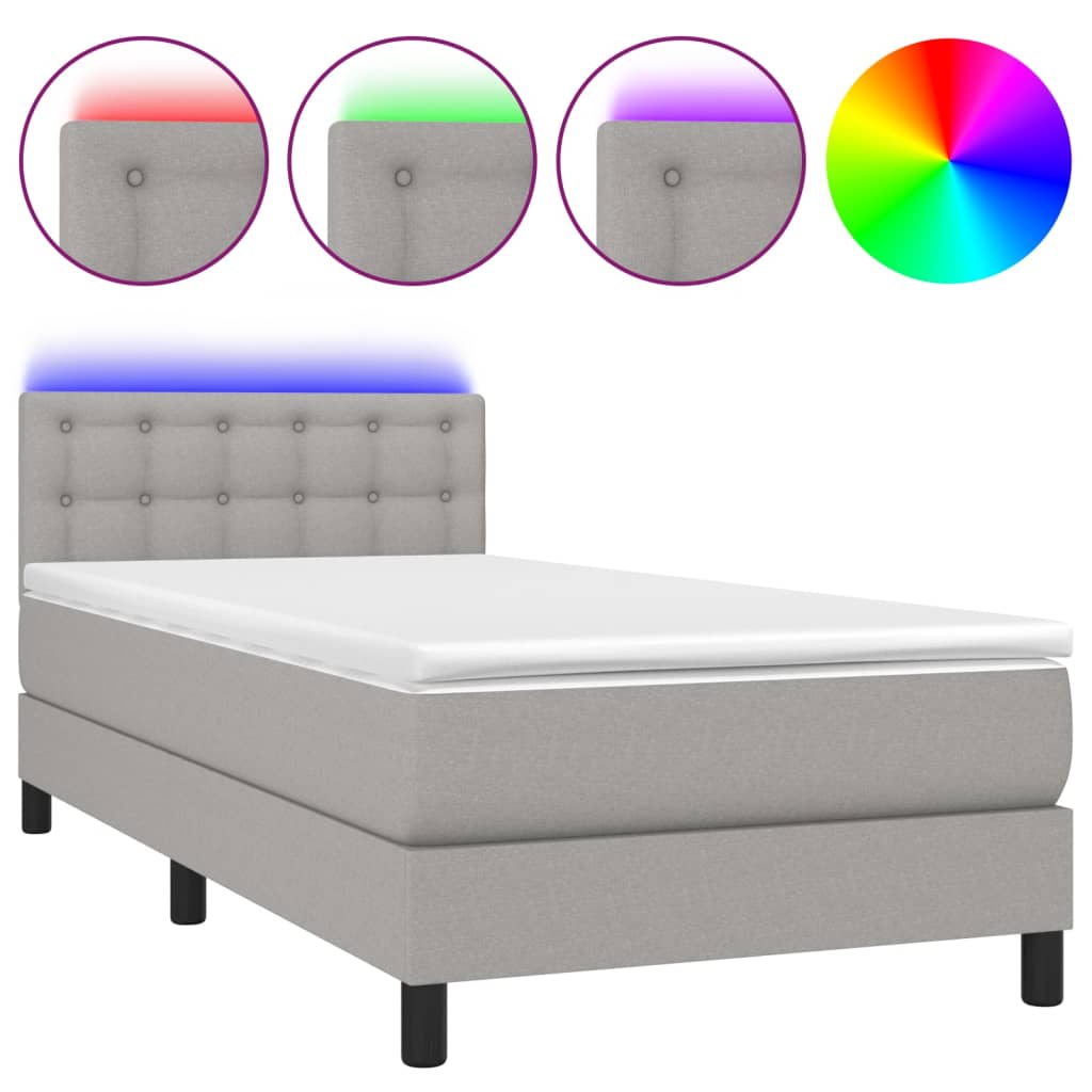 vidaXL Boxspringbett mit Matratze & LED Hellgrau 90x190 cm Stoff - Image 2