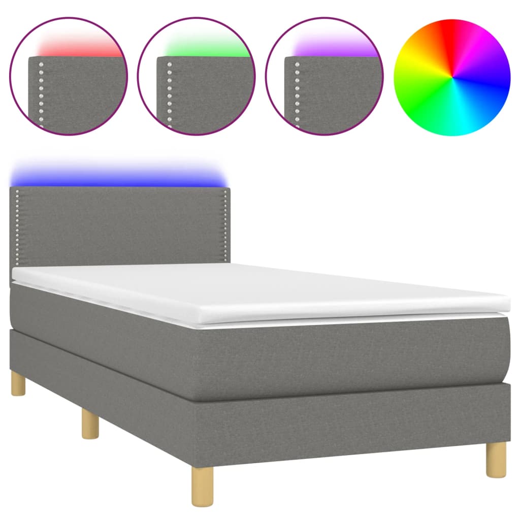 vidaXL Boxspringbett mit Matratze & LED Dunkelgrau 90x190 cm Stoff - Image 2