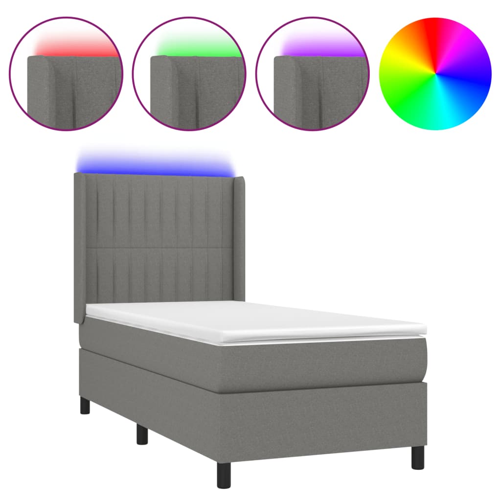 vidaXL Boxspringbett mit Matratze & LED Dunkelgrau 90x190 cm Stoff - Image 2