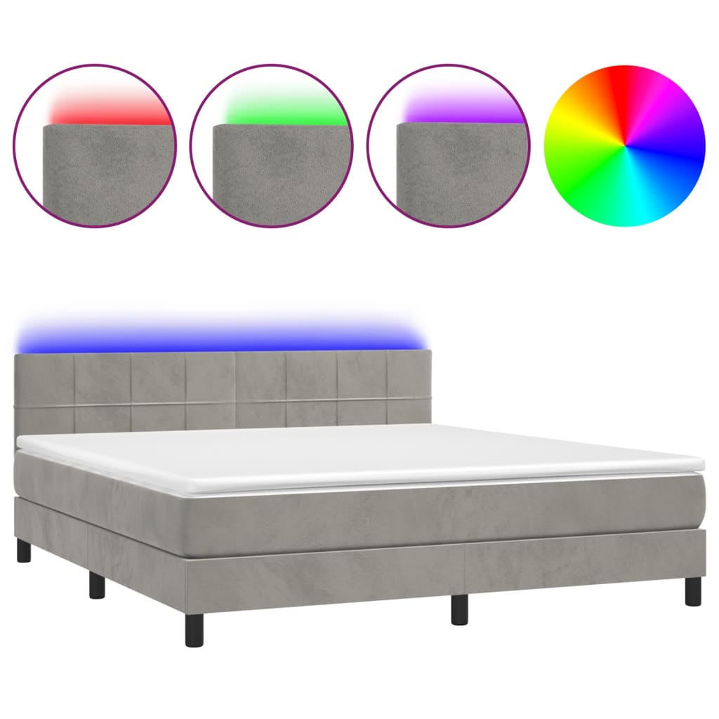 vidaXL Boxspringbett mit Matratze & LED Hellgrau 160x200 cm Samt - Image 2