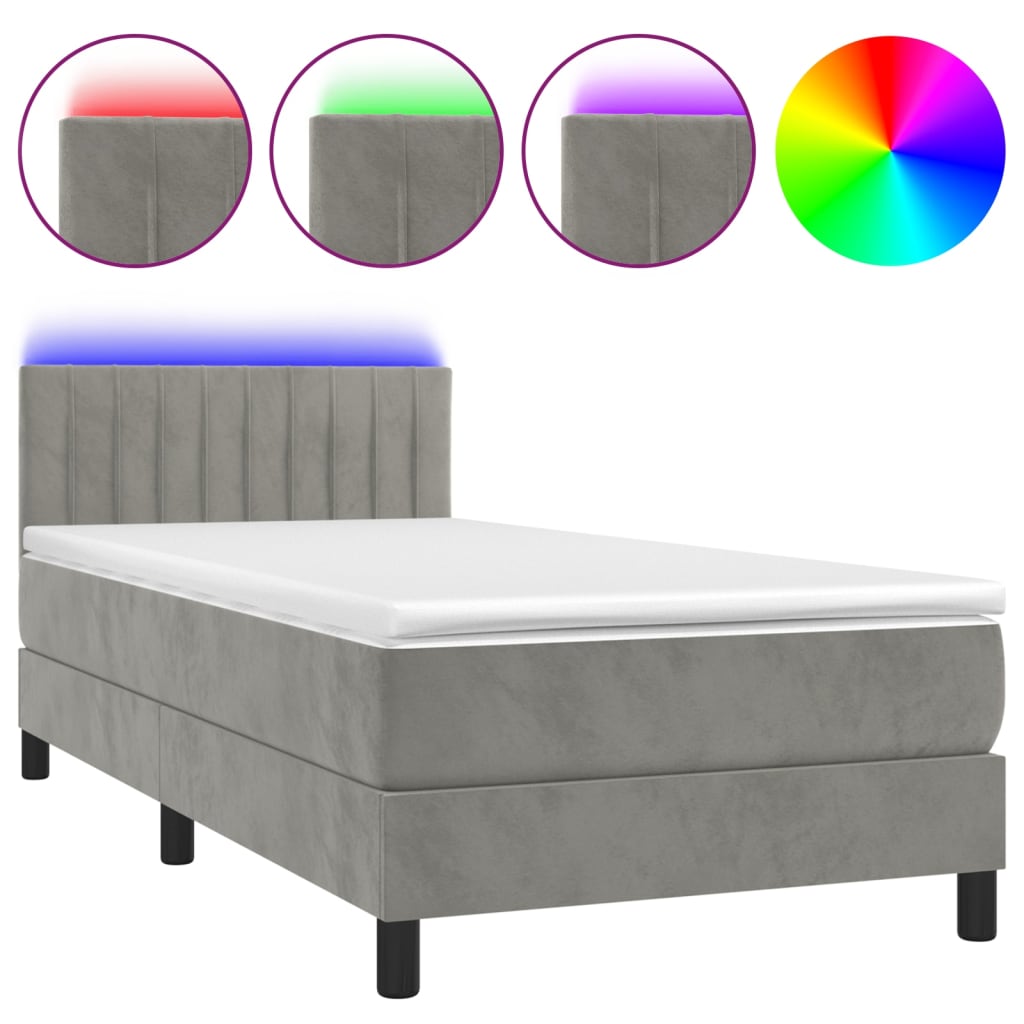 vidaXL Boxspringbett mit Matratze & LED Hellgrau 90x200 cm Samt - Image 2
