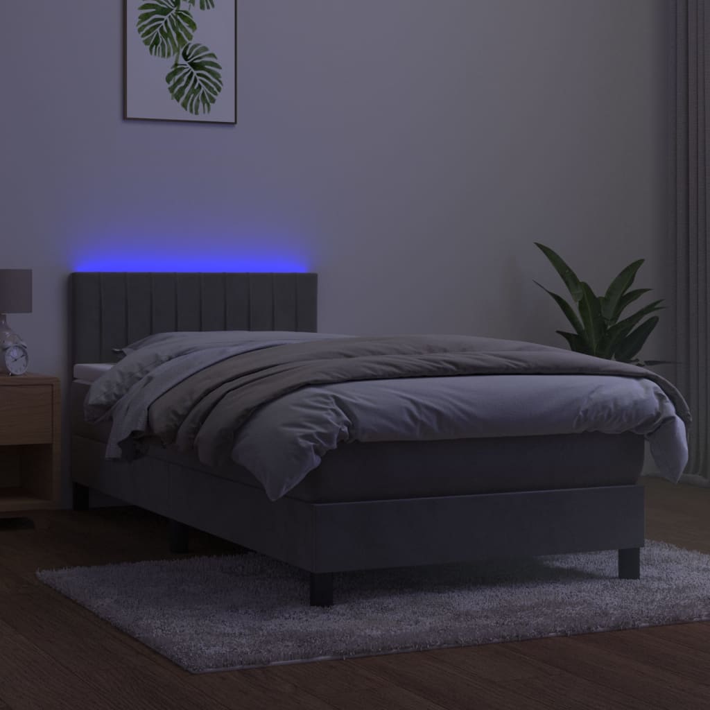 vidaXL Boxspringbett mit Matratze & LED Hellgrau 90x200 cm Samt - Image 4