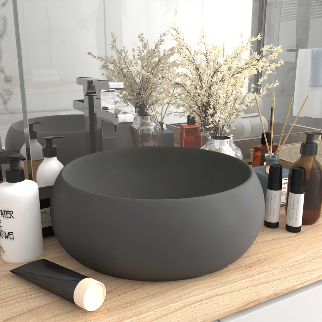 vidaXL Luxuriöses Waschbecken Rund Matt Dunkelgrau 40x15 cm Keramik