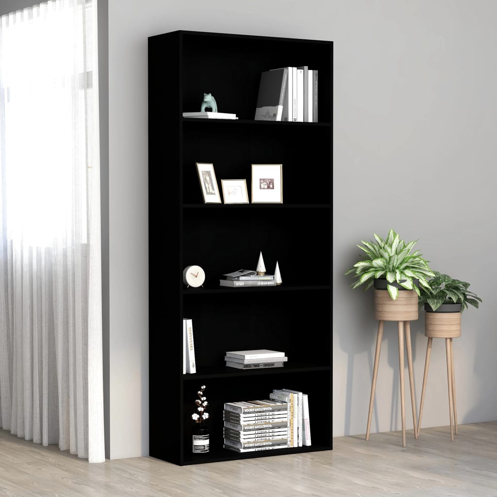 vidaXL Bücherregal 5 Fächer Schwarz 80x30x189 cm Holzwerkstoff