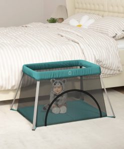 vidaXL Baby-Laufstall mit Matratze Grün Leinenstoff