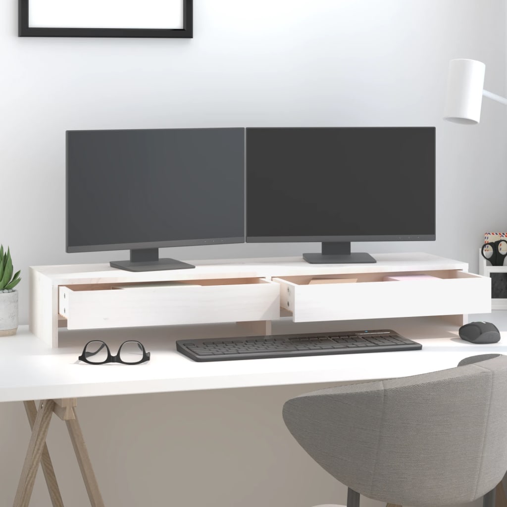 vidaXL Monitorständer Weiß 100x27x15 cm Massivholz Kiefer - Image 3