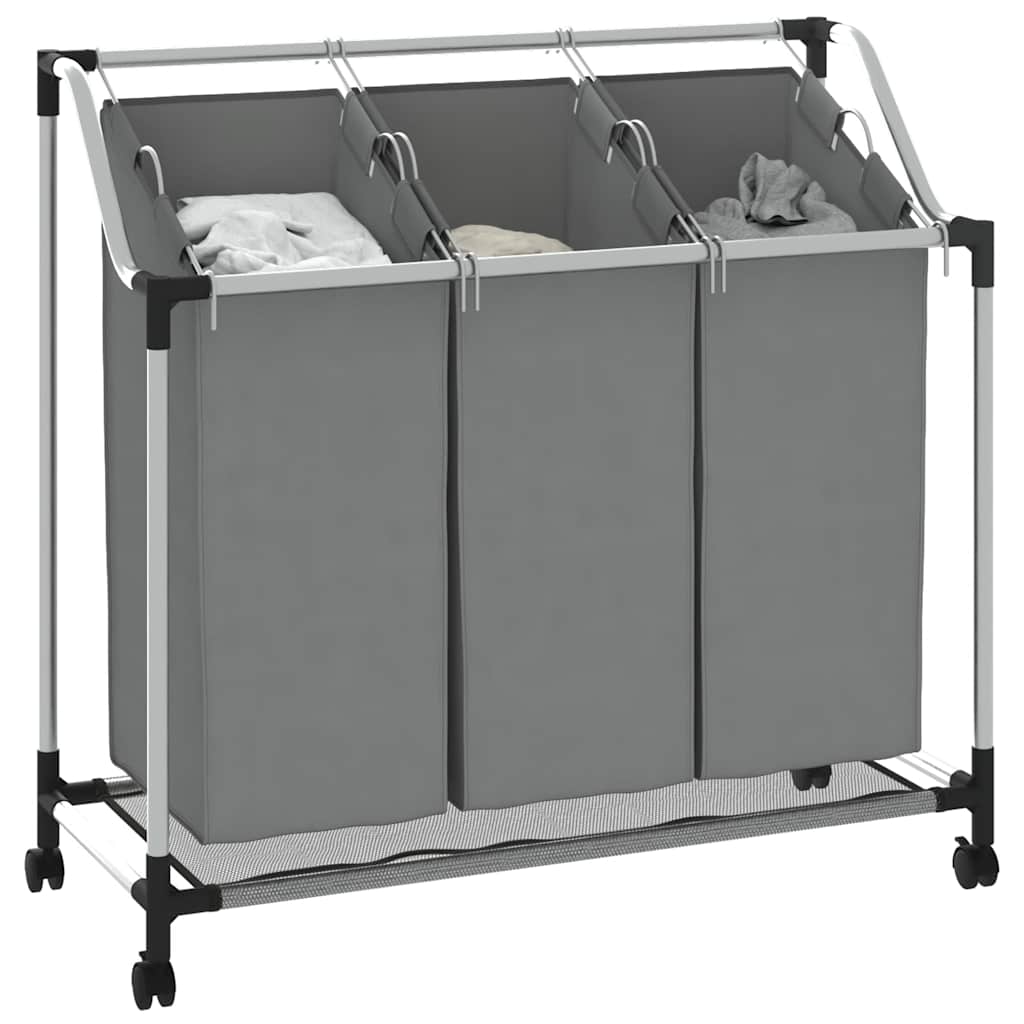 vidaXL Wäschekorb mit Rollen 3 Fächer Grau - Image 4