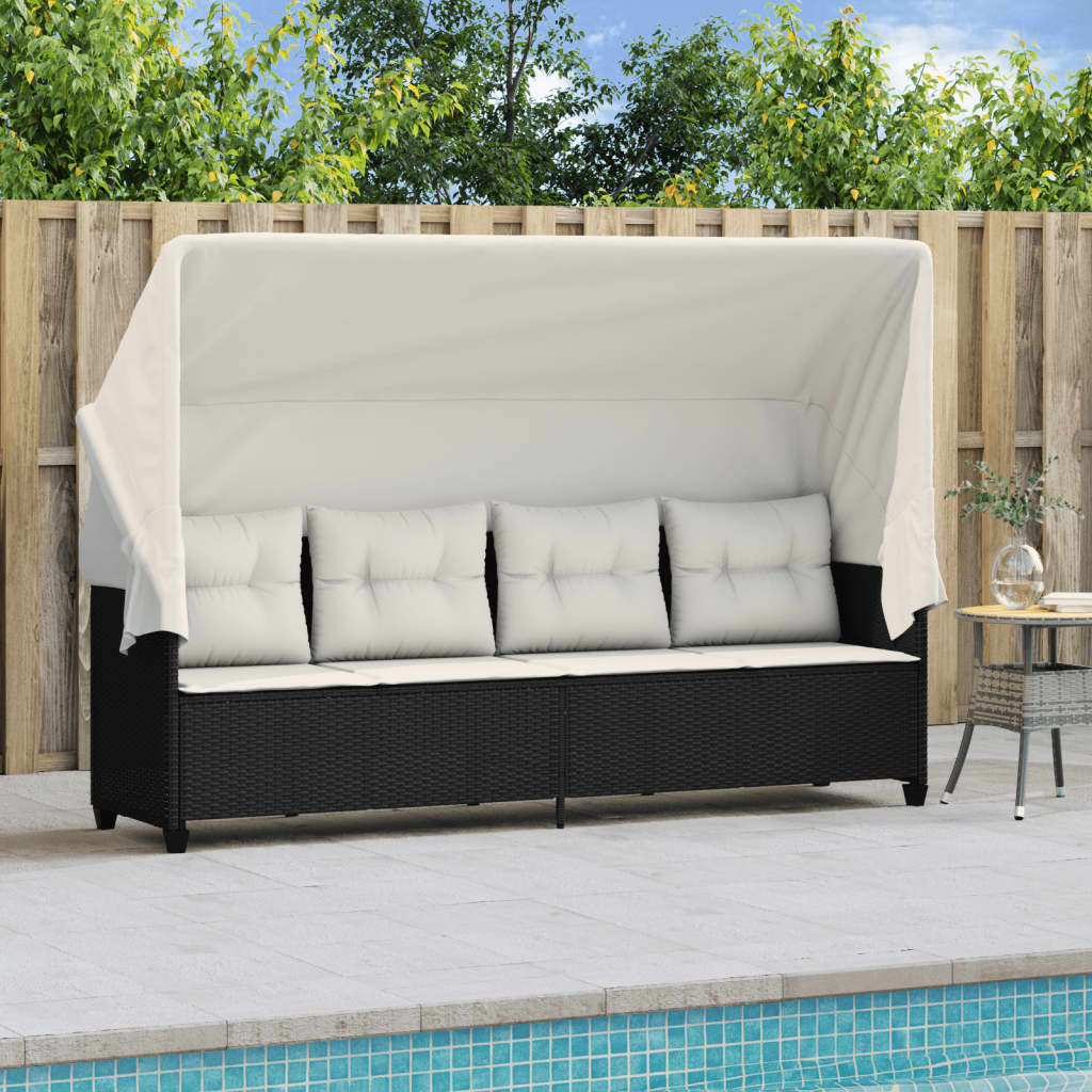 vidaXL Sonnenliege mit Dach und Kissen Schwarz Poly Rattan - Image 3