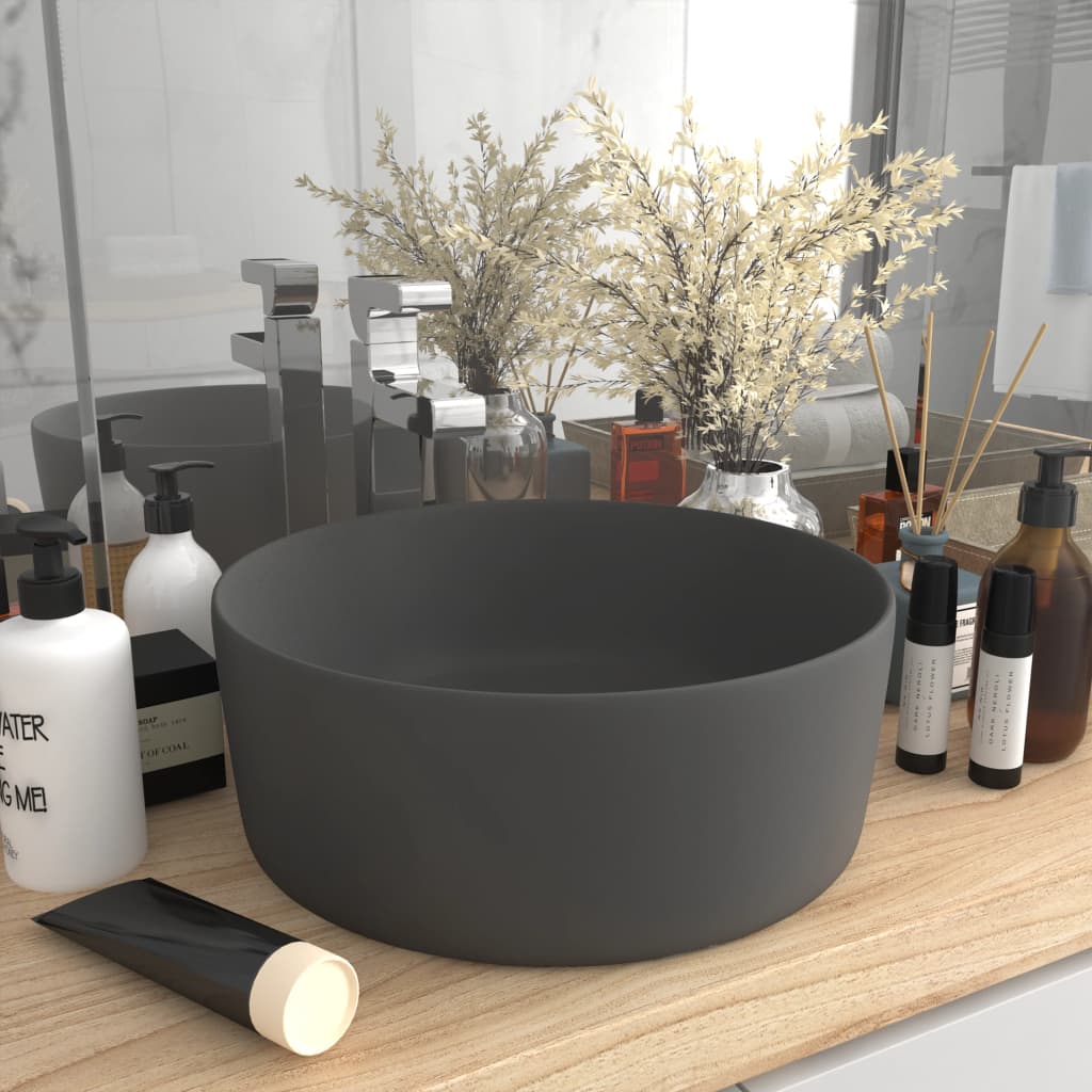 vidaXL Luxuriöses Waschbecken Rund Matt Dunkelgrau 40x15 cm Keramik
