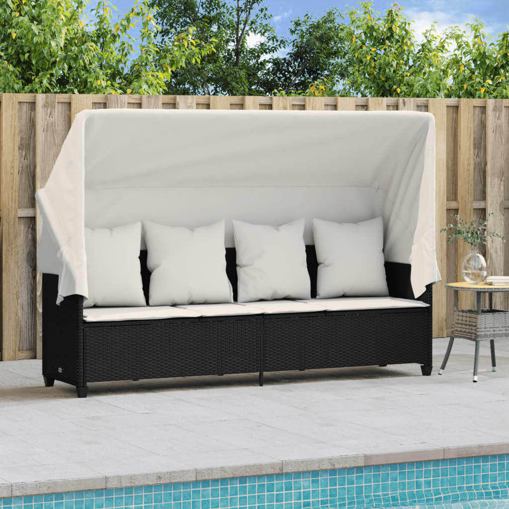 vidaXL Sonnenliege mit Dach und Kissen Schwarz Poly Rattan - Image 3