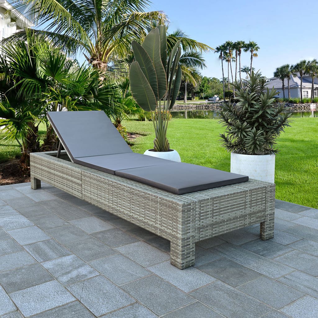vidaXL Sonnenliege mit Auflage Grau Poly Rattan