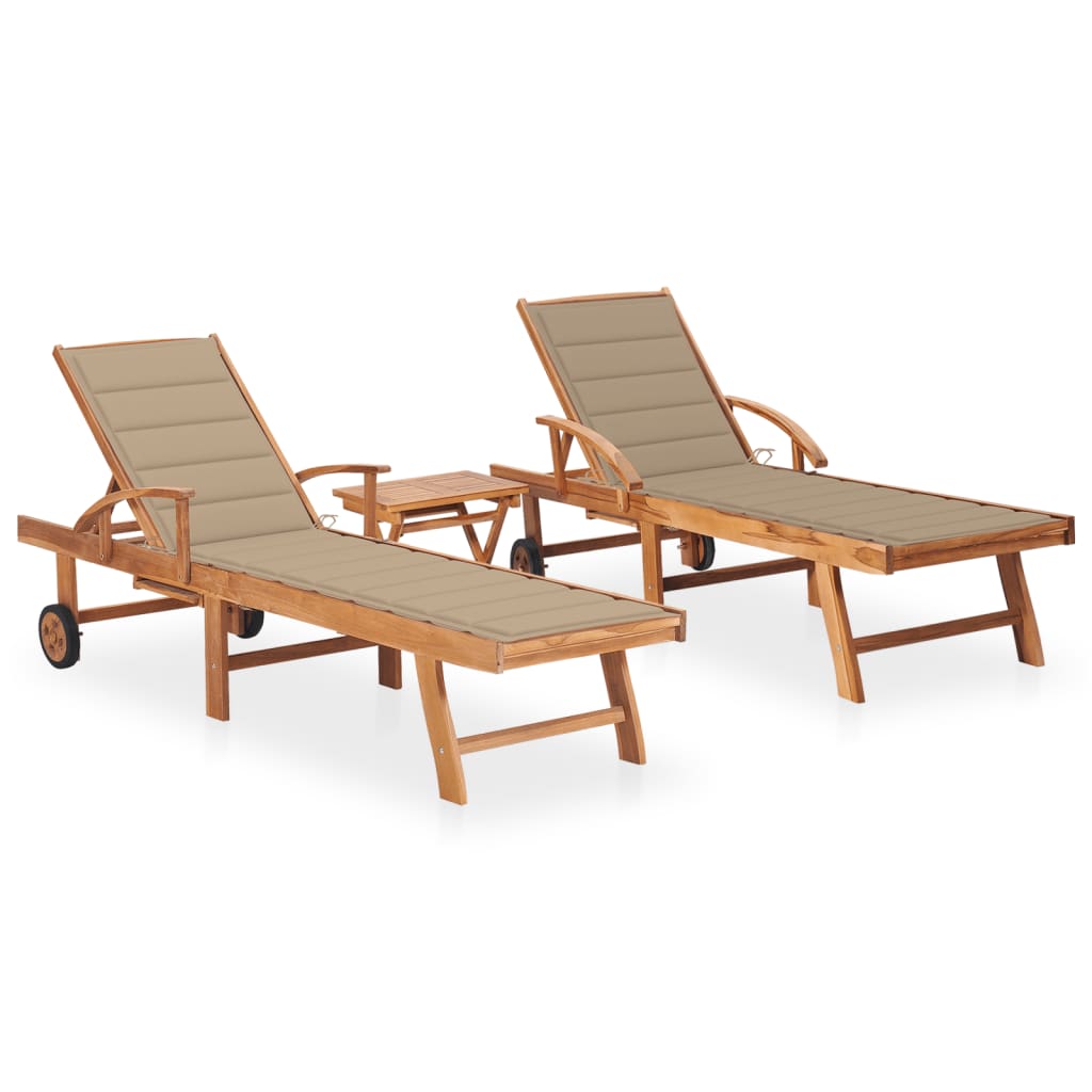 vidaXL Sonnenliegen 2 Stk. mit Tisch und Auflagen Massivholz Teak